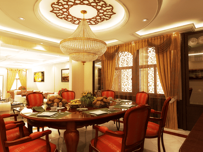 ديكور لغرفة سفرة مع نجف طويل