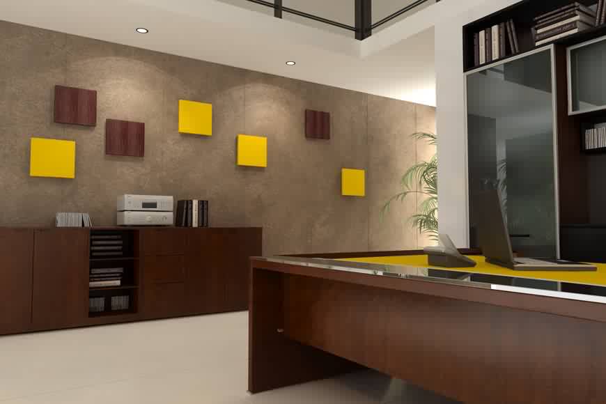 مكتب بلون بني مع ديكور بألوان مختلفة